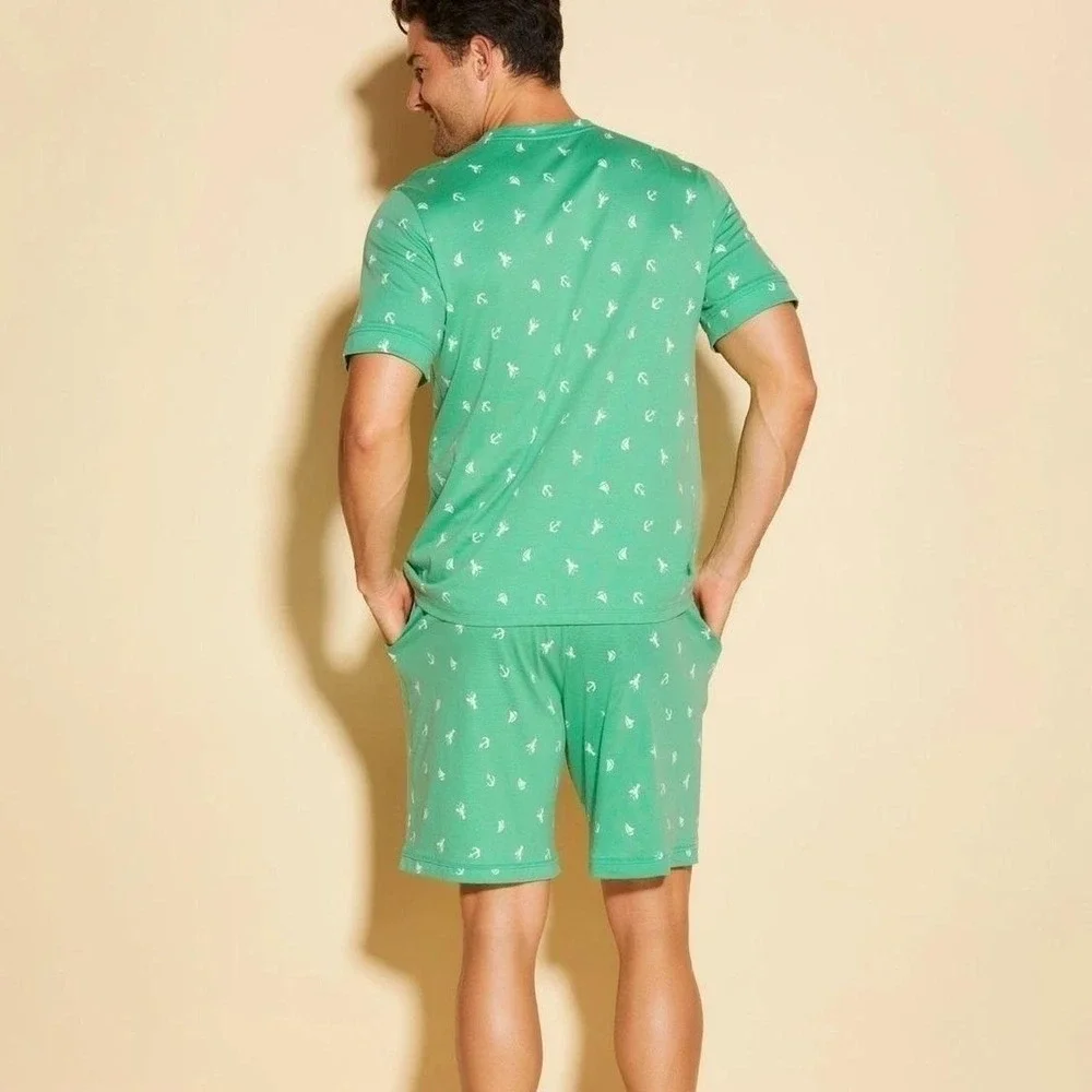 Cosabella Mens Road Trip Lounge Set Green Nautical Anchor Lobster Print Large